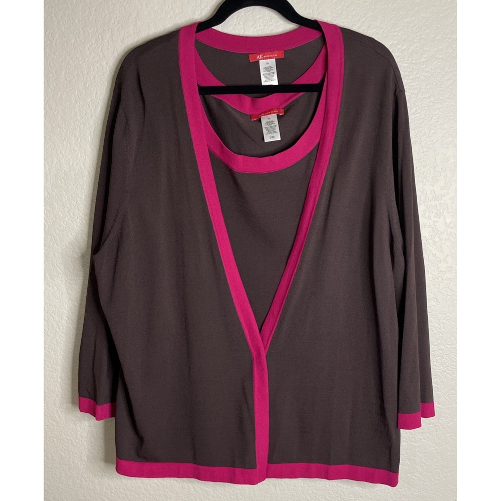 Vintage Anne Klein Womens 3X Brown Hot Pink Cardigan‎ Sweater Tank Top Career